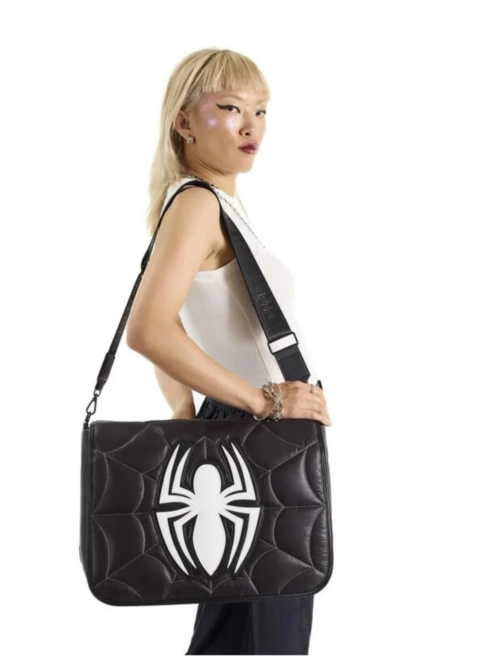 Marvel Black Messenger Bag Loungelfy with White Spider Emblem